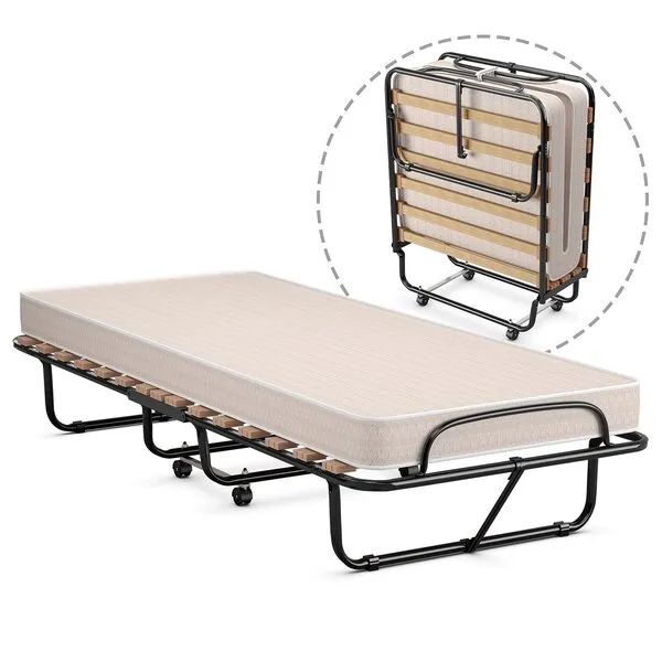 GOFLAME Rollaway Beds with Memory Foam Mattress, Folding Bed Cot Size for Adults, Portable Guest Beds with Sturdy Metal Frame for Spare Bedroom & Office