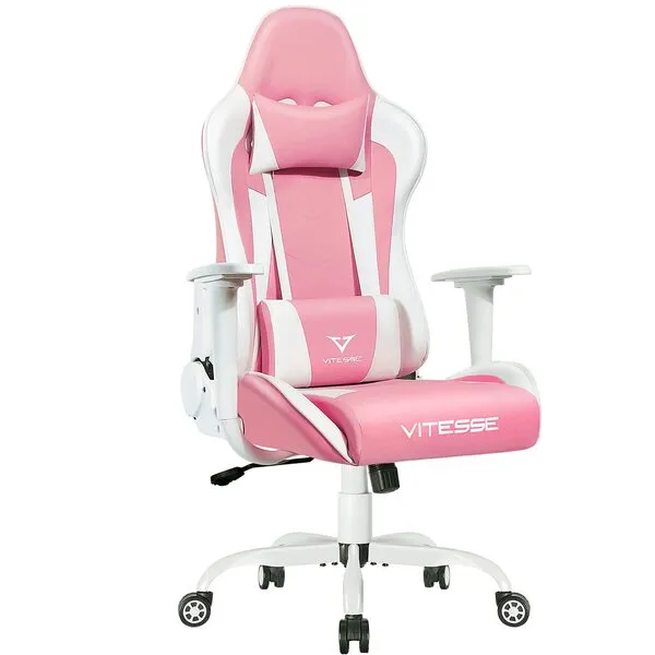 PUKAMI Pink Cute Kawaii Gaming Chair for Girl Ergonomic Desk Racing Office Adjustable High Back Game Swivel Leather Chair with Lumbar Support and Headrest
