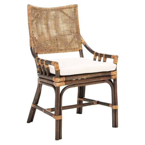 SAFAVIEH Home Collection Donatella Natural Wash/White Cushion Living Dining Room Bedroom Office Foyer Rattan Chair SEA4012B, Brown/Black
