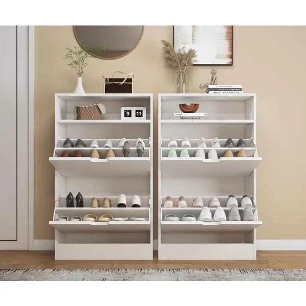 KUMIUNION Shoe Storage Cabinet with 2 Flip Drawers, Slim Freestanding Storage Racks for Entryway, Hallway, Hidden Narrow Shoe Organizers Perfect for Heels, Boots, Slippers, White