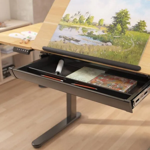 FLEXISPOT Electric Drafting Table Adjustable Height Standing Drawing Desk Extendable Top Craft Workstation w/Tilting Tabletop, Storage Drawer for Study, Office, Studio, Art, Adult & Kid, 47.2