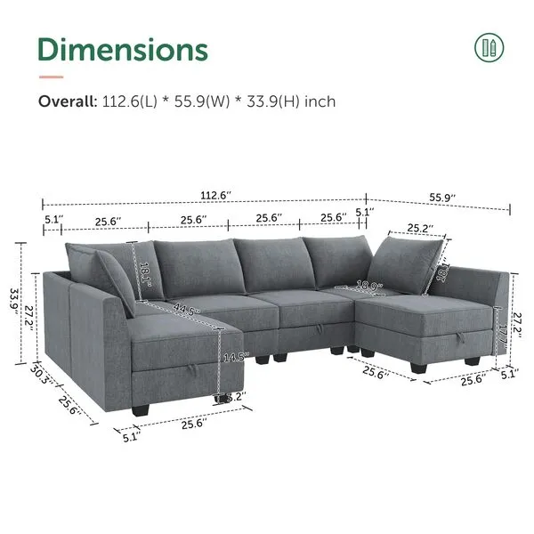 HONBAY Couch, U-Shaped Modular Sectional Sofa, Sectional Couch with Storage Seats (U Shape Sofa-2, Bluish Grey)