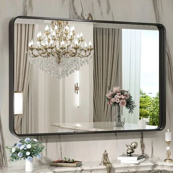 TokeShimi 40 x 30 Inch Wall Mirror for Bathroom Black Metal Frame Decorative Rectangular Wall Mounted Home Decor Corner Hangs Farmhouse Mirror (Horizontal/Vertical)