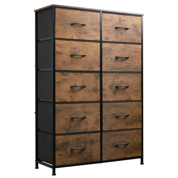 WLIVE Dresser for Bedroom with 10 Fabric Drawers, Tall Organizer Units for Kidsroom, Clothing, Closet, Storage Tower with Cabinet, Metal Frame, Wooden Top, Furniture, Rustic Brown Wood Grain Print