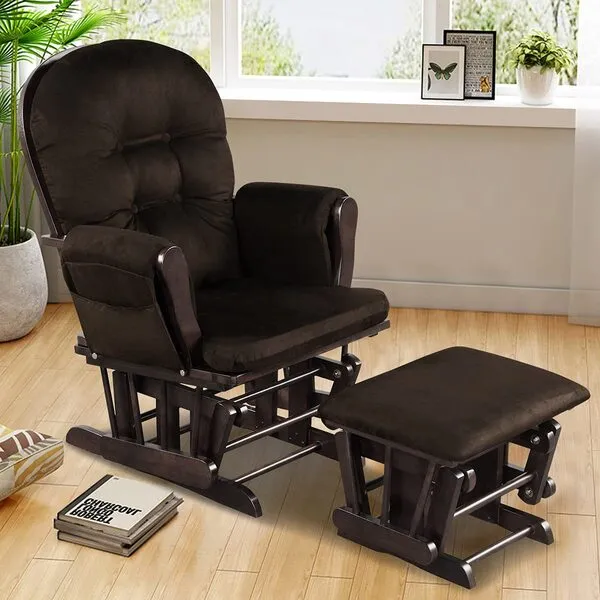 Costzon Glider and Ottoman Set, Wood Glider Rocker for Nursery, Upholstered Comfort Nursing Rocking Chair with Storage Pocket, Padded Armrests & Detachable Cushion, Easy to Assemble (Brown)