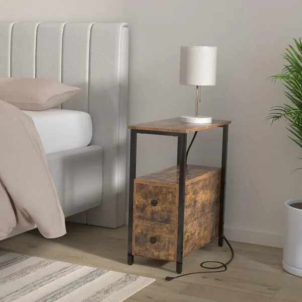 Rolanstar End Table with Charging Station, Narrow Side Table with 2 Wooden Drawers, USB Ports and Power Outlets, Nightstand Sofa Table for Small Spaces, Living Room, Bedroom, Rustic Brown