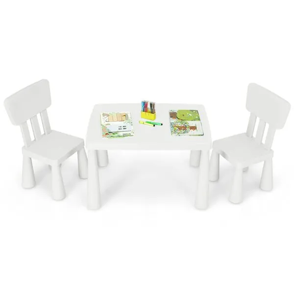 Costzon Kids Table and Chair Set, 3 Piece Plastic Children Activity Table for Reading, Drawing, Snack Time, Arts Crafts, Preschool, Kindergarten & Playroom, Easy Clean, Toddler Table & Chair (White)