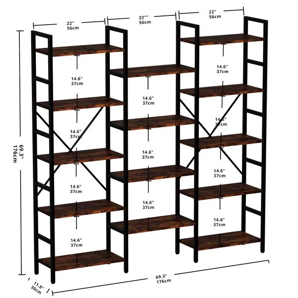 IRONCK Bookcases and Bookshelves Triple Wide 5 Tiers Industrial Bookshelf, Large Etagere Bookshelf Open Display Shelves with Metal Frame for Living Room Bedroom Home Office