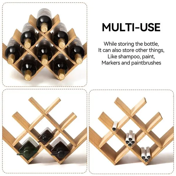 KIRIGEN Wooden 8-Bottle Wine Rack - 3-Tier Wood Wine Display Rack/Standing and Countertop Wine Storage Shelf - Bottle Holder/Cabinet Glass Rack Natural XHJJ3-NA