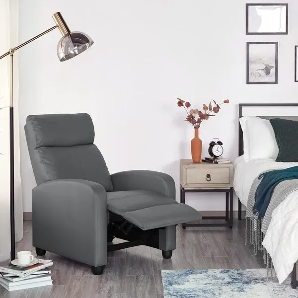 Yaheetech Home Theater Seating Faux Leather Recliner Chair Modern Single Living Room Reclining Sofa with Pocket Spring Grey