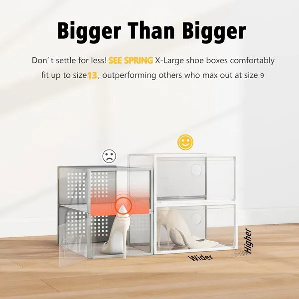 SEE SPRING XX-Large Shoe Storage Box Fit Size 13, Clear Plastic Stackable Shoe Organizer for Closet, Space Saving Sneaker Shoe Rack Containers Bins Holders for Entryway, Under Bed, 12 Pack Clear