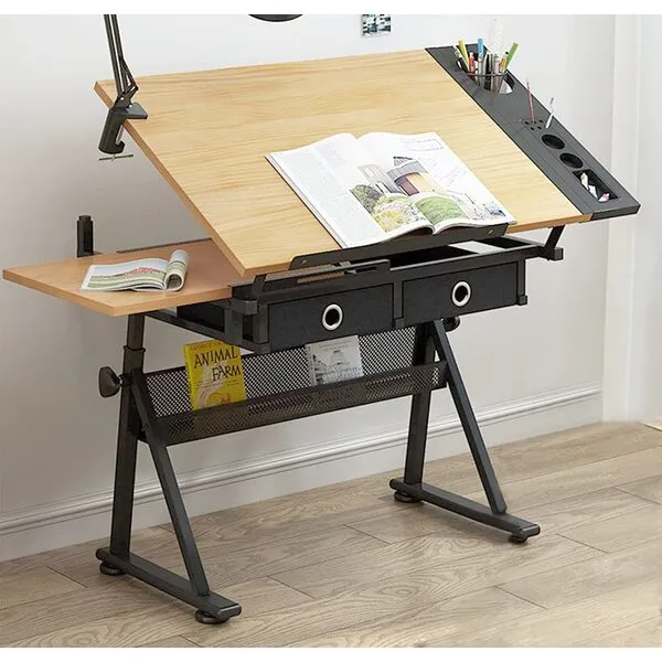 tonchean Drafting Table Height Adjustable Art Desk with Drawers, Wooden Drawing Table Drafting Desk with Storage, Drafting Table Desk with Tilting Tabletop for Home Office (No Stool)