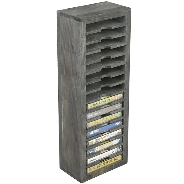 MyGift 16 Slot Cassette Tapes Tower, Vintage Gray Solid Wood Freestanding Audio Compact Cassettes Slotted Storage Rack, Analog Audiotapes Holder Stand, Fits Standard Cases Up To 0.7