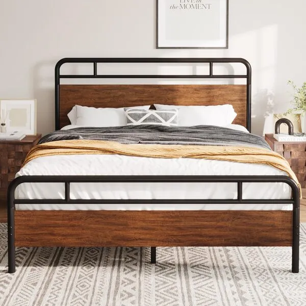 Allewie Full Size Platform Bed Frame with Wooden Headboard and Footboard, Heavy Duty 13 Metal Slats Support, Under Bed Storage, No Box Spring Needed, Noise Free, Easy Assembly, Walnut