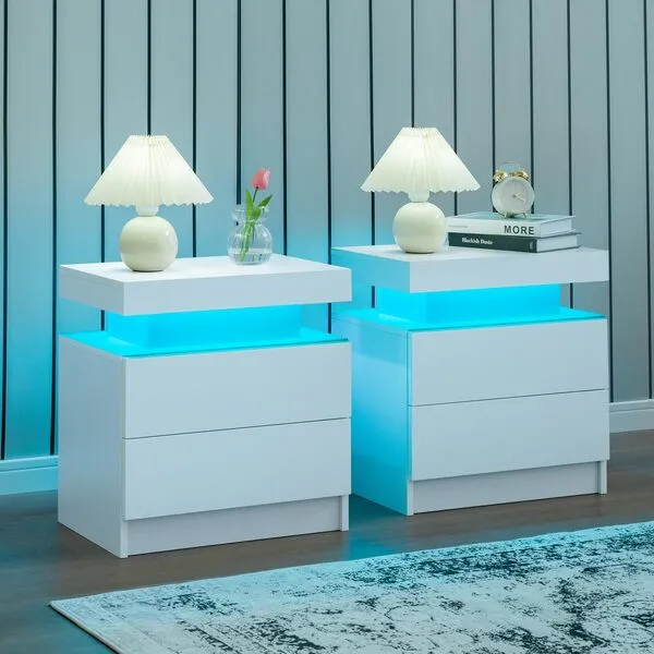 i-aplus Nightstand Set of 2 LED Nightstand with 2 Drawers, Bedside Table with Drawers for Bedroom Furniture, Side Bed Table with LED Light, White
