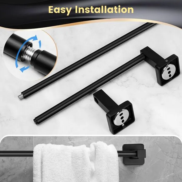 DEGULAS Bathroom Hardware Set 4 Pieces, Matte Black Towel Bar Set, Includes 24In Towel Bar, Towel Ring, Robe Towel Hooks,Toilet Paper Holder, Bathroom Towel Rack Set