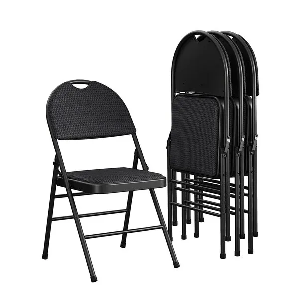 COSCO Commercial XL Comfort Fabric Padded Metal Folding Chair with Contoured Seat Back, 300 lb. Weight Rating, Triple Braced, 4-Pack, Black