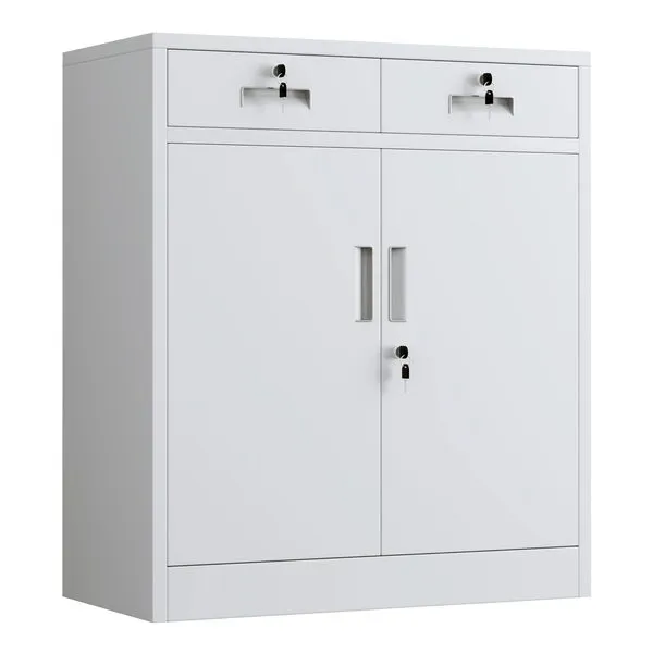 JINGUR Metal Storage Cabinet with Locking Doors and 2 Drawers, Lockable Storage Cabinets with Adjustable Shelf for Home Office and Garage (White)