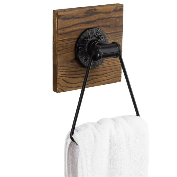 MyGift Industrial Matte Black Metal Hand Towel Ring with Rustic Solid Burnt Wood Wall Backing, Towel Holder for Bathroom, Kitchen, Laundry Room