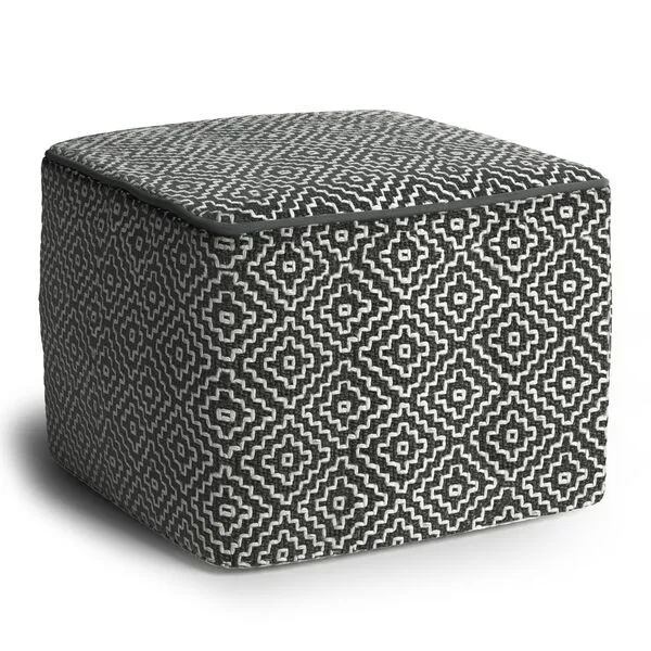 SIMPLIHOME Briella 18 Inch Boho Square Woven Outdoor/ Indoor Pouf in Grey and White Recycled PET Polyester, For the Living Room, Bedroom and Kids Room
