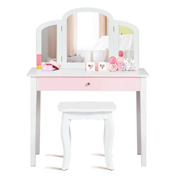 HONEY JOY Kids Vanity Set, Toddler Beauty Makeup Dressing Table w/Stool & Drawer, Tri-Fold Silver Mirror, Detachable Top, Wooden Princess Pretend Play Vanity Set for Little Girls (White)
