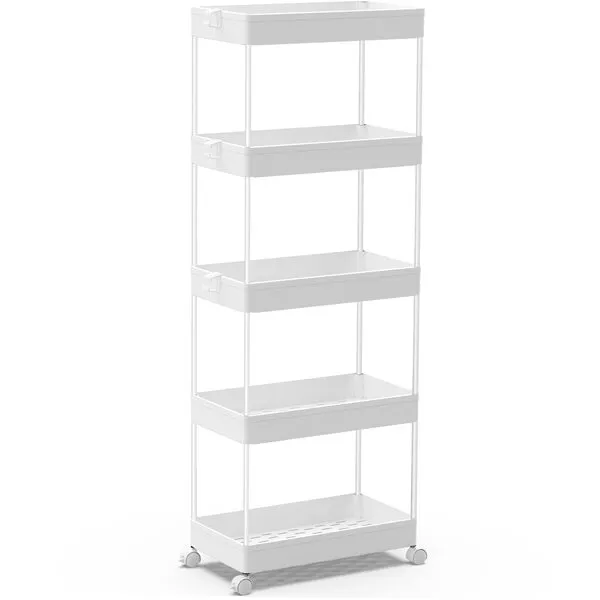 SPACEKEEPER 5-Tier Storage Cart Organizer Rolling Utility Cart, Mobile Shelving Unit Slide Out Storage Shelves for Kitchen Living Room Bathroom Laundry Room & Dressers, White