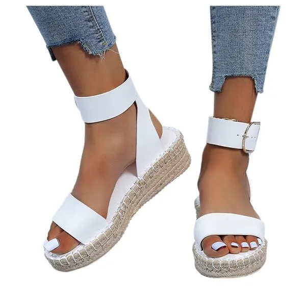 Rodam Solid Color Women Weaving Sole Wedge Sandals Breathable Low Platform Ankle Buckle Strap Shoes for Party Beach School Home Office Summer Fashion Comfortable Formal Shoes (White, 8)