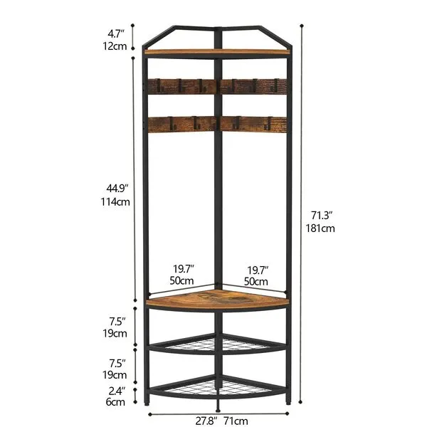 GiftGo Corner Hall Tree with Shoe Bench Entryway Coat Rack with 10 Metal Movable Hooks Floor Standing Clothes Rack Shoes Shelf Organizer for Home Office Bedroom (Rustic Brown)