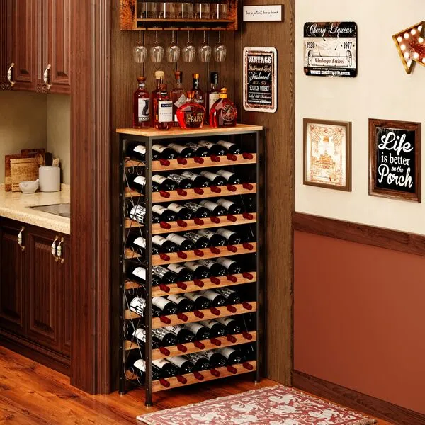 48 Bottles Floor Wine Rack with Wood Top, Freestanding Wine Bottle Organizer Shelf, Wobble-Free 8 Tier Wine Display Storage Stand for Kitchen Pantry, 25.2\'\'L x 10.7\'\'W x 47.2\'\'H