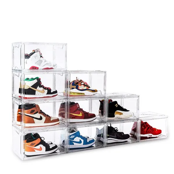KDOR Shoe Boxes Clear Plastic Stackable 10 Pack Sneaker Storage Boxes with Magnetic Door, Acrylic Boxes for Display, Strong and Sturdy Fit Shoe Size Up to US 15