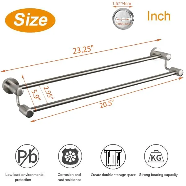 TocTen Double Bath Towel Bar - Thicken SUS304 Stainless Steel Towel Rack for Bathroom, Bathroom Accessories Double Towel Rod Heavy Duty Wall Mounted Towel Holder (Brushed,24IN)