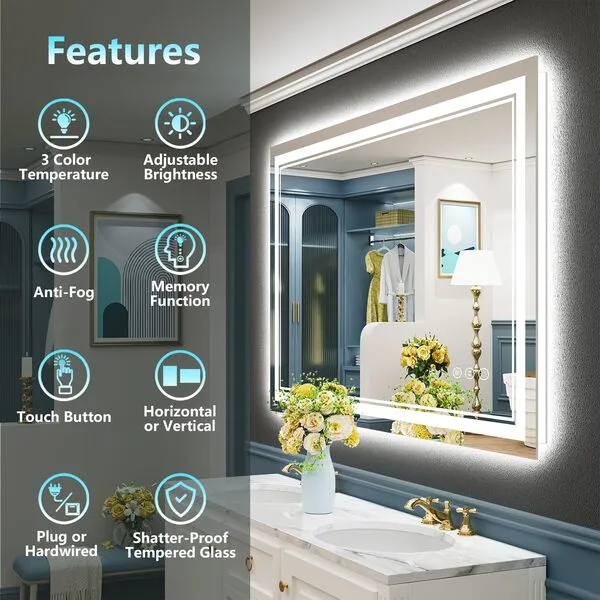 AWANDEE 40x32 LED Mirror for Bathroom with Front and Backlit, Anti-Fog Lighted Vanity Mirror, Dimmable LED Bathroom Vanity Mirror with Lights for Wall with 3 Colors, Memory, Shatter-Proof, ETL Listed