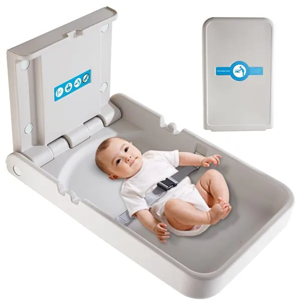 KSITEX Baby Changing Tables Fold-Down Baby Changing Station Wall-Mounted Vertical Portable Diaper Table Changing Unit Commercial Bathrooms Corner Nursery White Gray