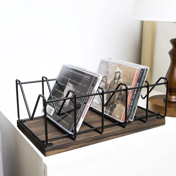 MyGift Industrial Vintage Style Burnt Wood and Matte Black Metal CD Storage Rack, Holds 25 CD Cases