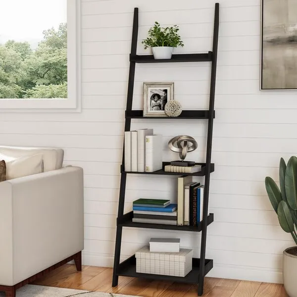 Lavish Home Bookshelf - 5-Tier Ladder Shelf with Leaning Look - Bookcase for Home Decor and Office Storage - Freestanding Book Shelves (Black)