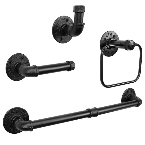 Jeasor 4-Pieces Industrial Pipe Bathroom Towel Ring Kit DIY Wall Mount Accessories Kit Includes Robe Hook, 18 Inch Towel Bar and Towel Ring