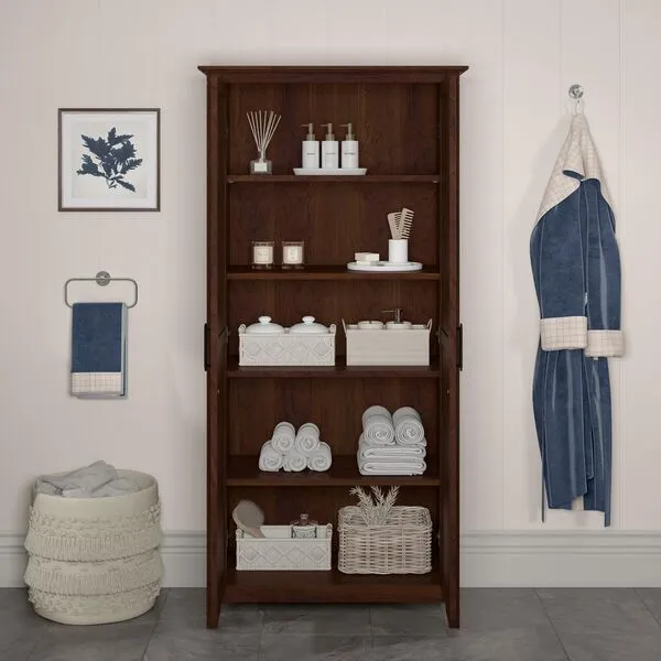 Bush Furniture Key West Bathroom Storage Cabinet with Doors in Bing Cherry