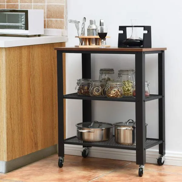 hysache Kitchen Cart, Industrial Microwave Cart, 3-Tier Rolling Utility Cart on Wheels with Metal Frame Wooden Table and Two Grid Storage Shelves for Kitchen and Living Room, Bedroom (Brown)