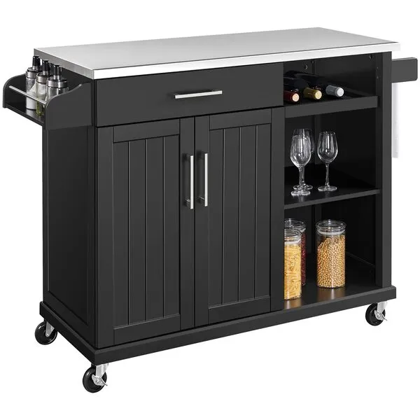 Yaheetech Kitchen Island with Stainless Steel Top and Storage Cabinet, Kitchen Cart on Wheels with Drawer & Open Shelves & Wine Rack & Spice Rack, 18