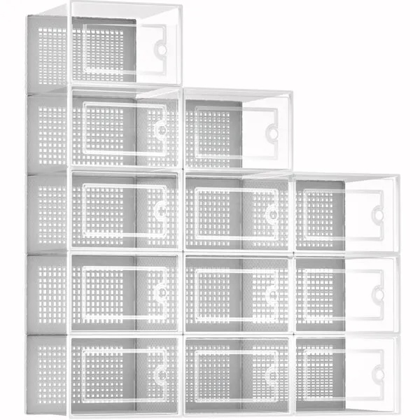 Kuject Shoe Organizers Storage Boxes for Closet, 12 Pack Clear Plastic Stackable Storage Bins with Lids, Under Bed Shoe Containers for Entryway, Drop Front, Fit up to Women\'s Size 10,White