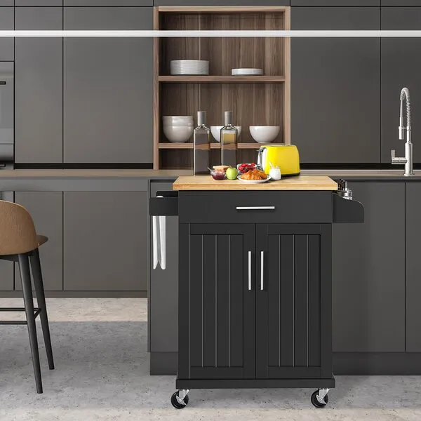 Yaheetech Kitchen Island on Wheels with Storage Cabinet, Rolling Kitchen Cart with Bamboo Top & Drawer & Spice Rack Towel Bar, Microwave Stand Cart for Kitchen/Dining Room, Black