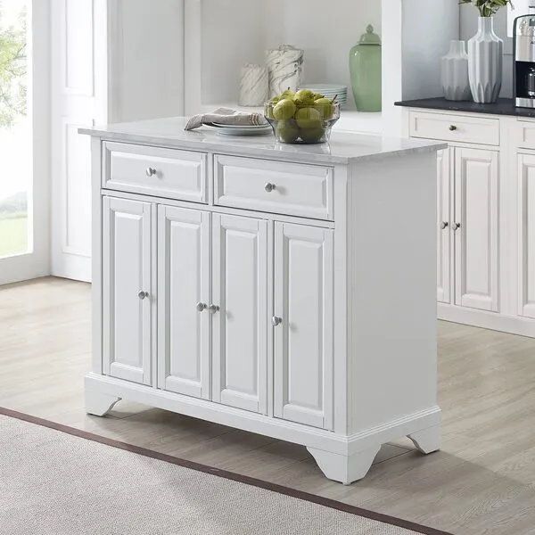 Crosley Furniture Avery Kitchen Island with Faux Marble Top, Distressed White