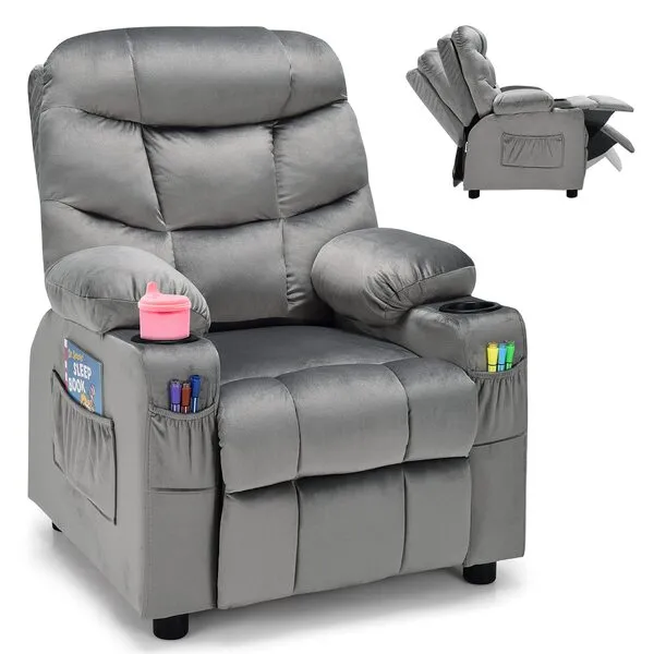 Costzon Kids Recliner Chair with Cup Holder, Adjustable Velvet Lounge Chair w/Footrest & Side Pockets for Children Boys Girls Room, Ergonomic Toddler Furniture Sofa Gifts, Kids Recliner (Gray)
