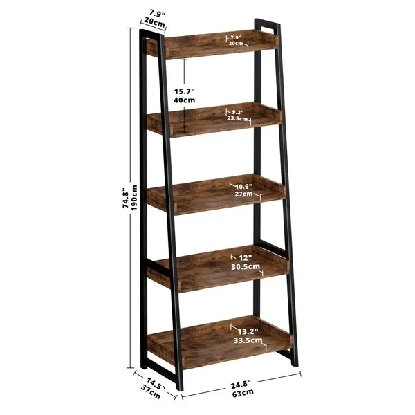 IRONCK Industrial Bookshelf 5-Tier, Bookcase Ladder Shelf, Storage Shelves Rack Shelf Unit, Accent Furniture Metal Frame, Home Office Furniture for Bathroom, Living Room