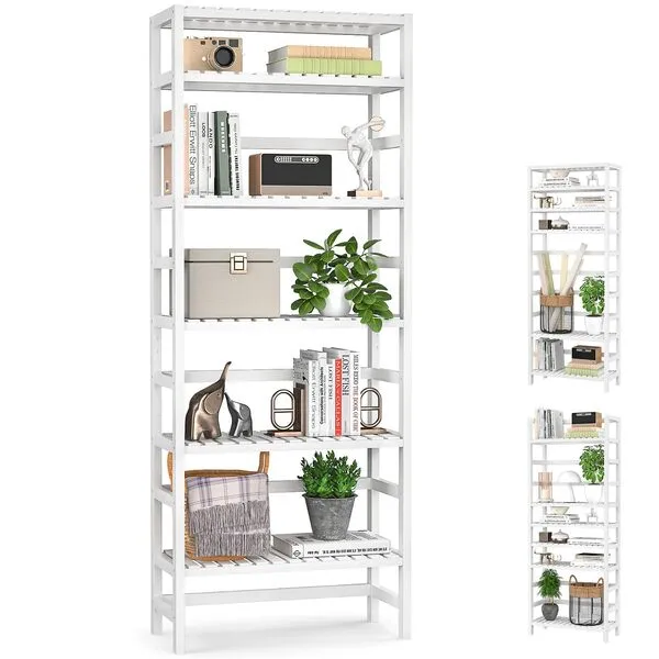 Homykic Bookshelf, 6-Tier Bamboo Adjustable 63.4” Tall Bookcase Book Shelf Organizer Free Standing Storage Shelving Unit for Living Room, Kitchen, Bedroom, Bathroom, Office, Rust Resistance, White