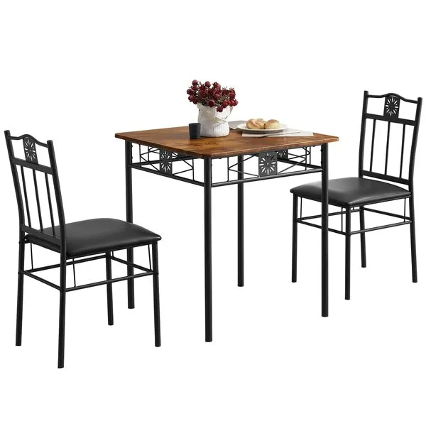 VECELO 3-Piece Kitchen Dining Room Table Set for Small Spaces, PU Padded Chairs, Retro Brown, 27.5