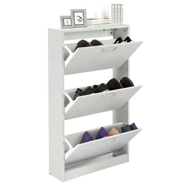 HOPUBUY Shoe Cabinet for Entryway, White Narrow Shoe Storage Cabinet Flip Down Shoe Rack Wood 3 Tier Shoe Organizer for Home and Apartment