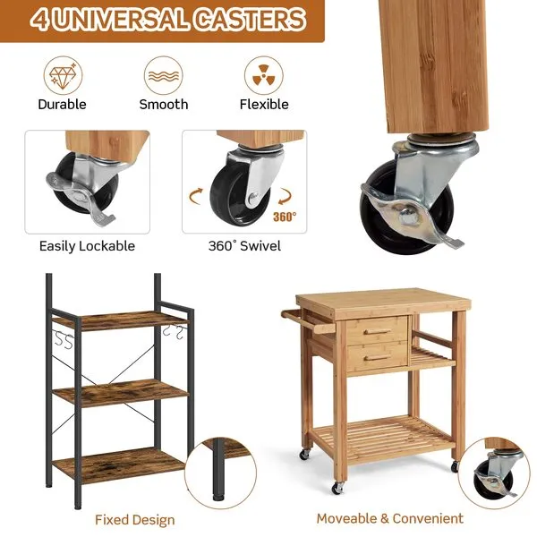 PETSITE Bamboo Kitchen Island Cart, Butcher Block Table on Wheels with Drawers, Shelves, Towel Rack