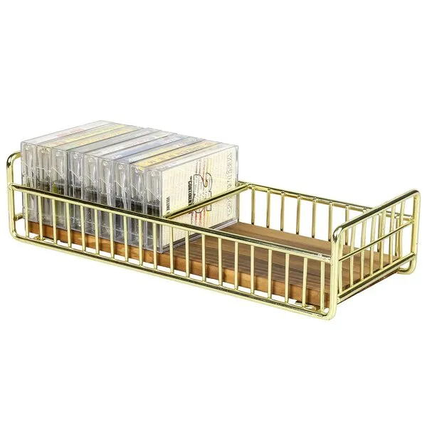 MyGift Retro Cassette Tape Storage Rack with Brass Tone Metal Wire Frame and Rustic Burnt Wood Base