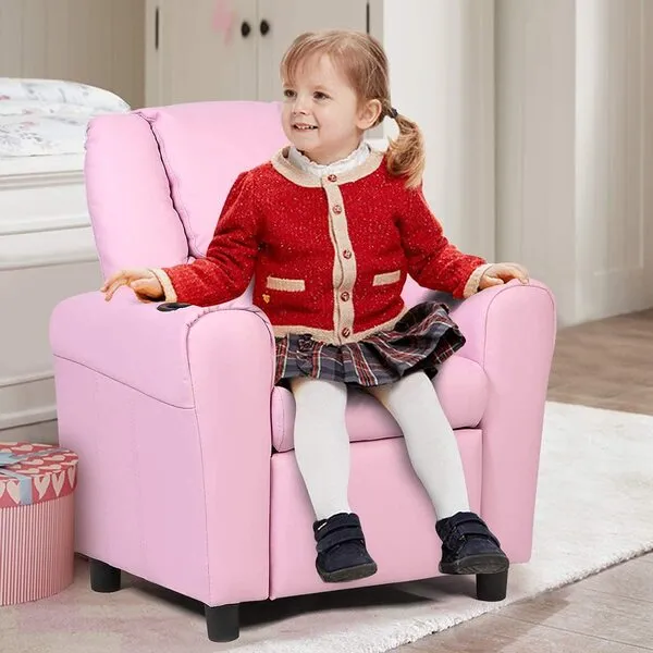 GLACER Kids Recliner with Cup Holder, Children Recliner Chair with Ergonomic Armrest & Padded Backrest, Toddler Armchair for Boys & Girls, 3+ Age Group (Pink)